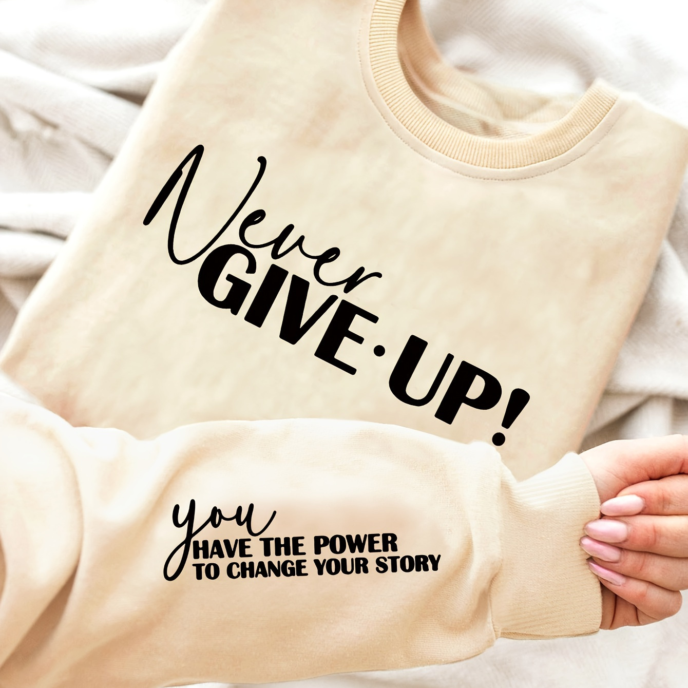 

Never Give Up Print Sweatshirt, Crew Neck Casual Sweatshirt For Winter & Fall, Women's Clothing