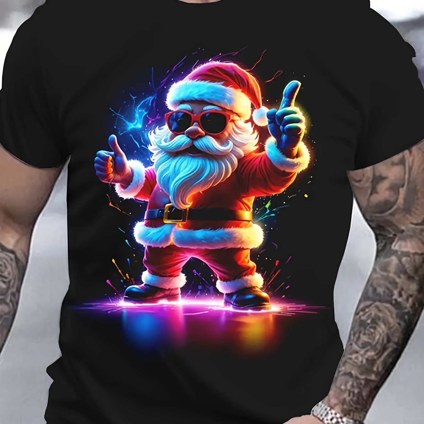 

Men's Santa Claus Graphic Tee - 100% Cotton, Casual Round Neck Short Sleeve Shirt For Summer & Outdoor Activities, Christmas Theme, Sports