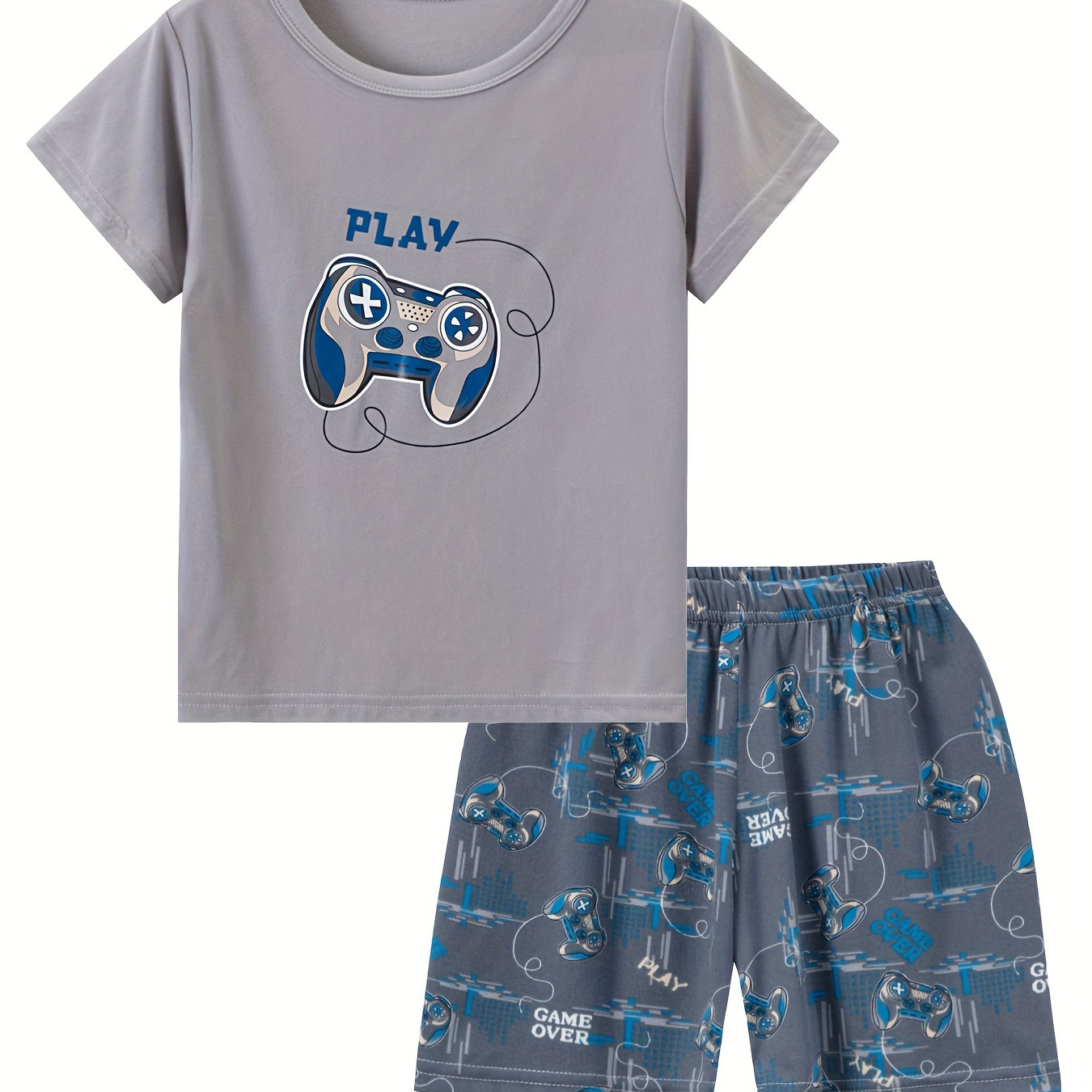 

2 Pcs Boys Cute Pajama Sets, "paly Game" Game Console Pattern Print Short Sleeve T-shirts & Shorts, Comfortable & Cute Style Pajamas For Boys Cozy Loungewear