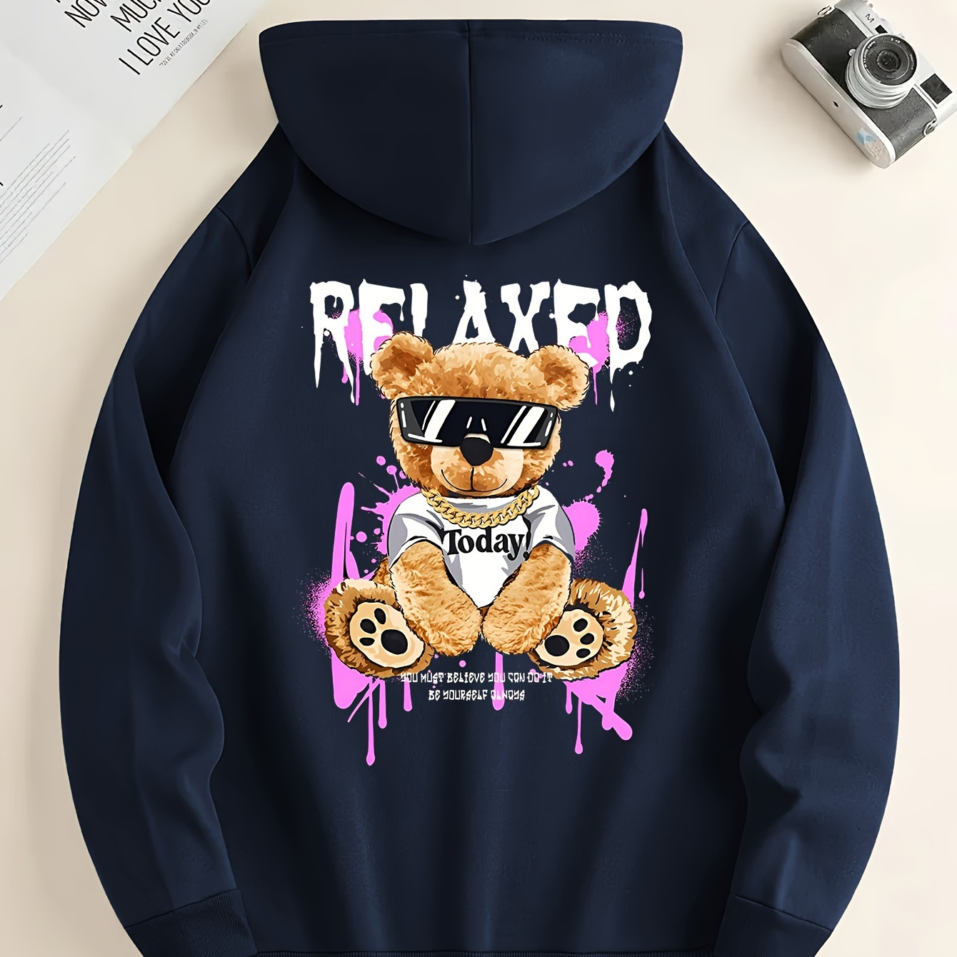 

Relaxed Cool Bear Graffiti Print Men's Stylish Drawstring Long Sleeved Hoodie With Kangaroo Pocket, Comfortable Versatile Street Fashion, Meticulously Crafted, Men's Best Fall And Winter Choice