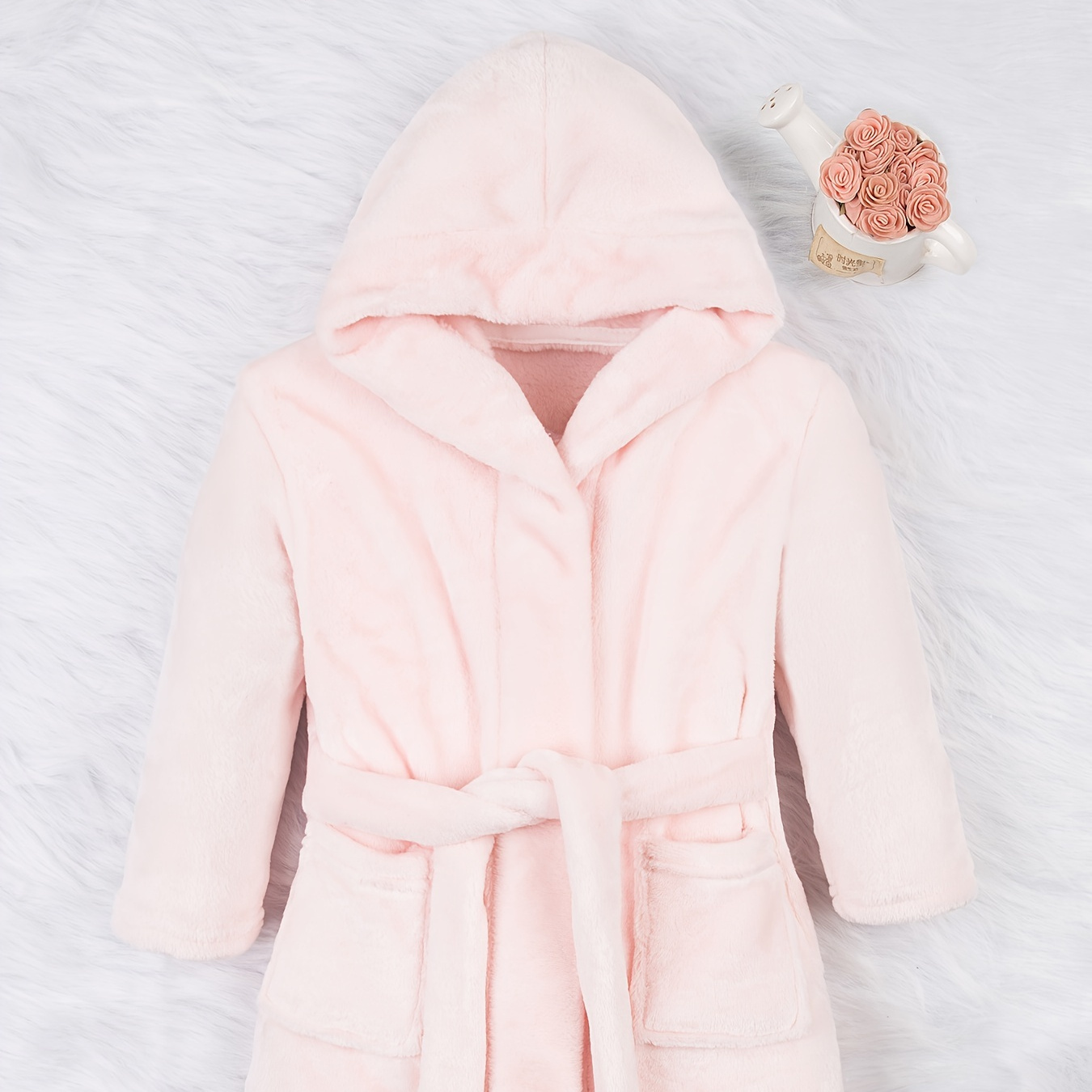 

Girl's Solid Thickened Flannel Hooded Bathrobe - Warm & Robe With Belt For Daily Wearing