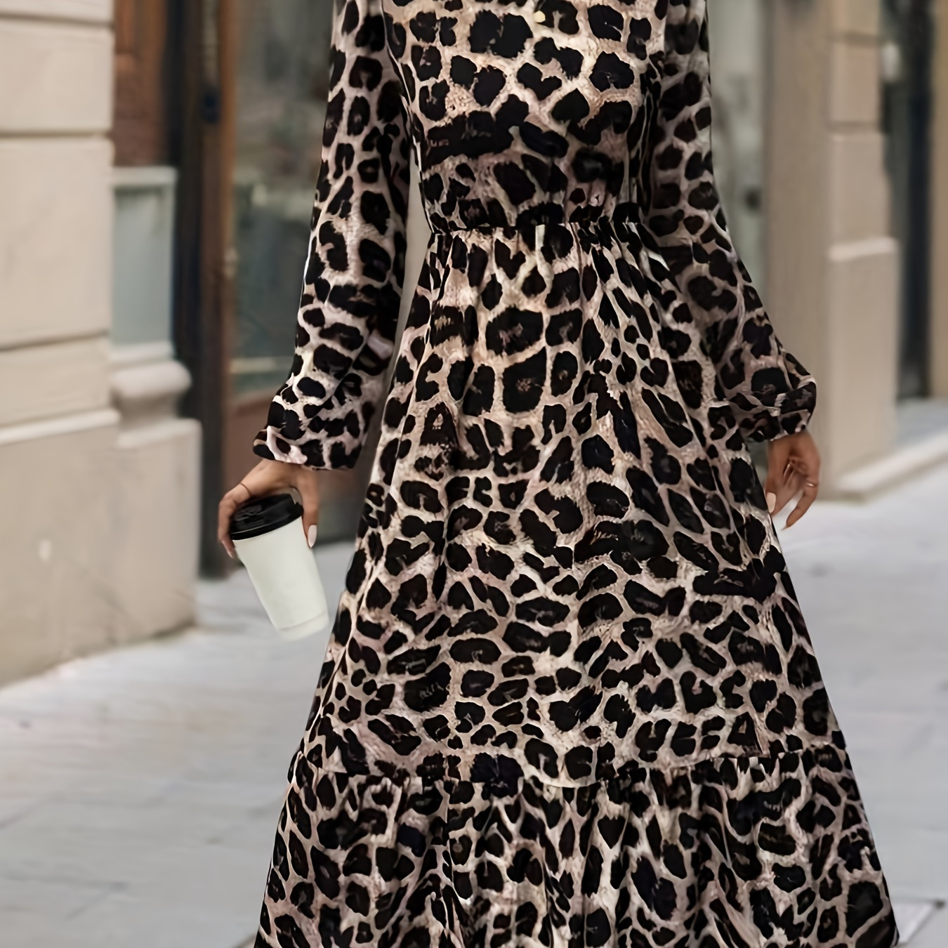 

Leopard Neck Long Sleeve Midi Dress Polyester 100% A-line Fall/winter Dress For Women