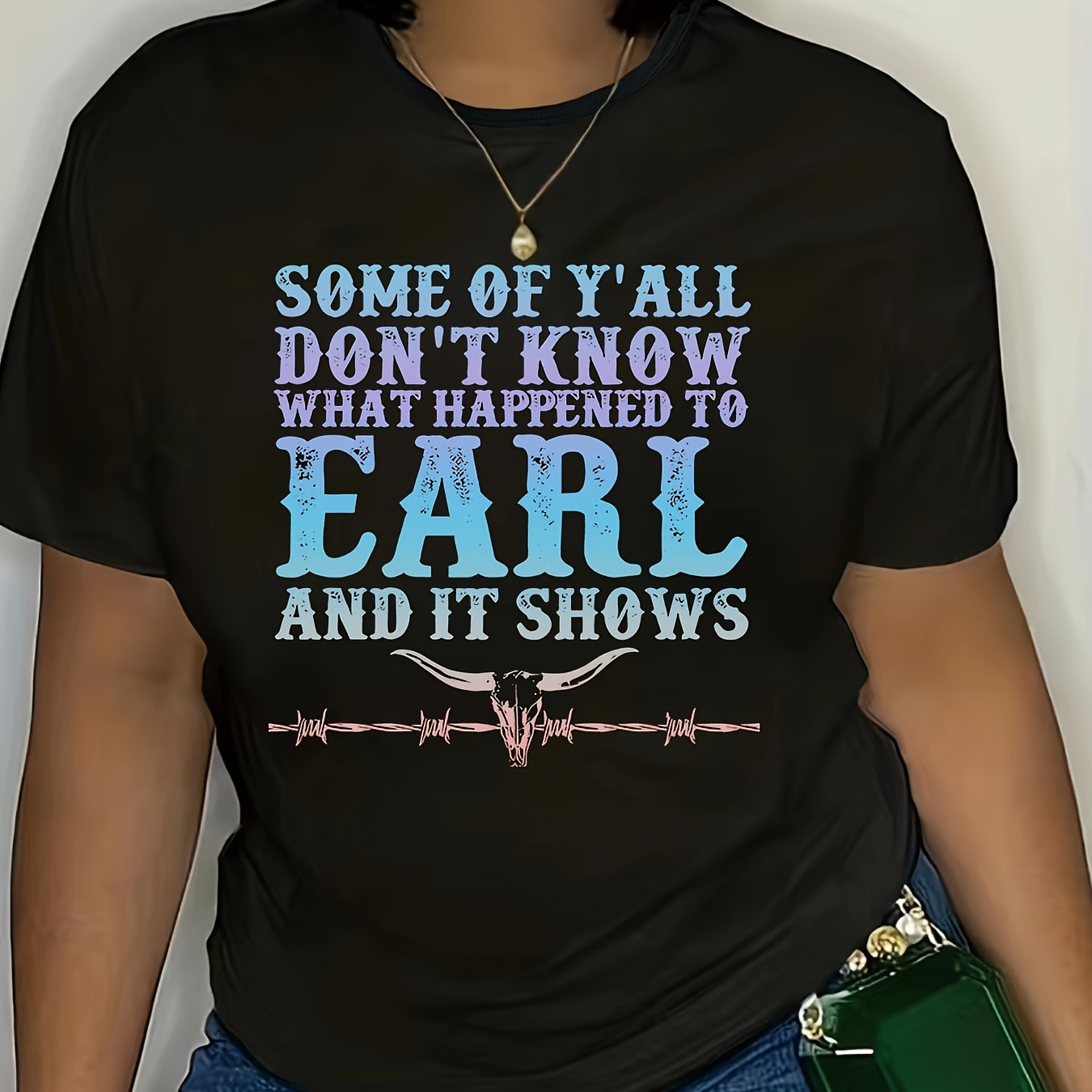 

Plus Size Earl Letter Print T-shirt, Casual Crew Neck Short Sleeve T-shirt, Women's Plus Size clothing