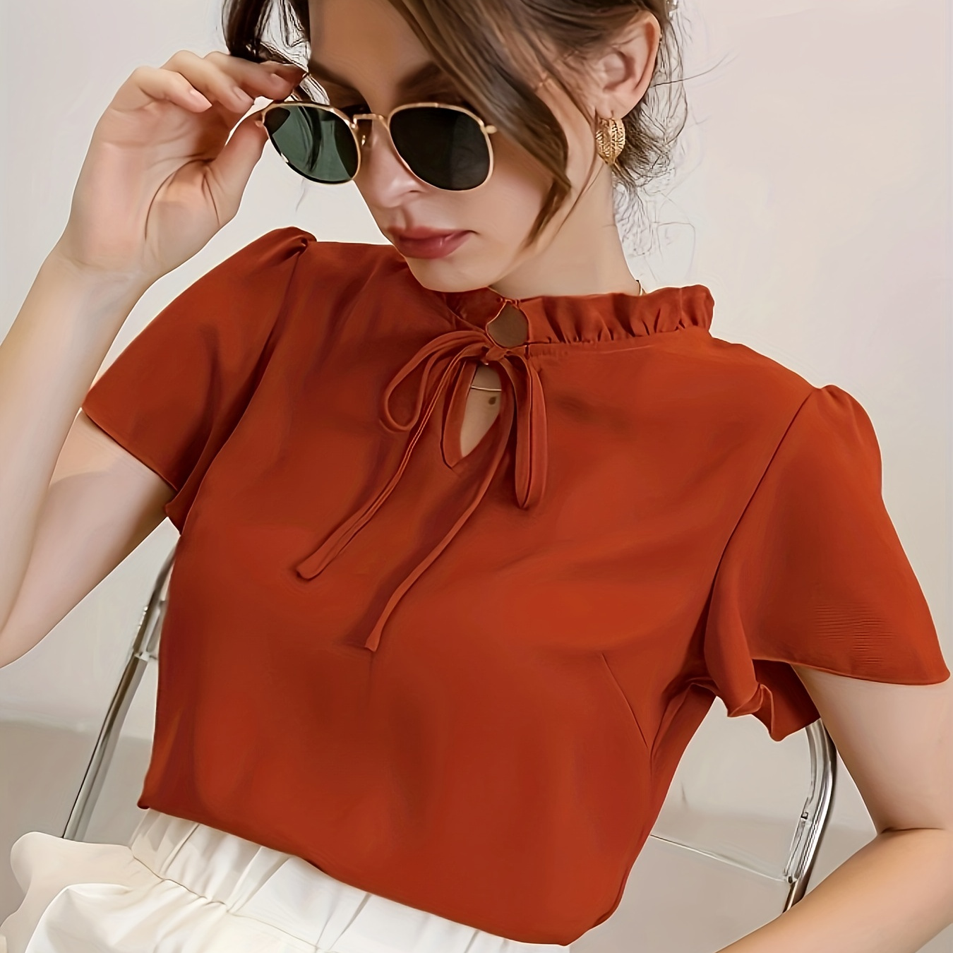 

Solid Color Mock Neck Blouse, Elegant Tie Front Cut Out Short Sleeve Blouse For Every Day, Women's Clothing