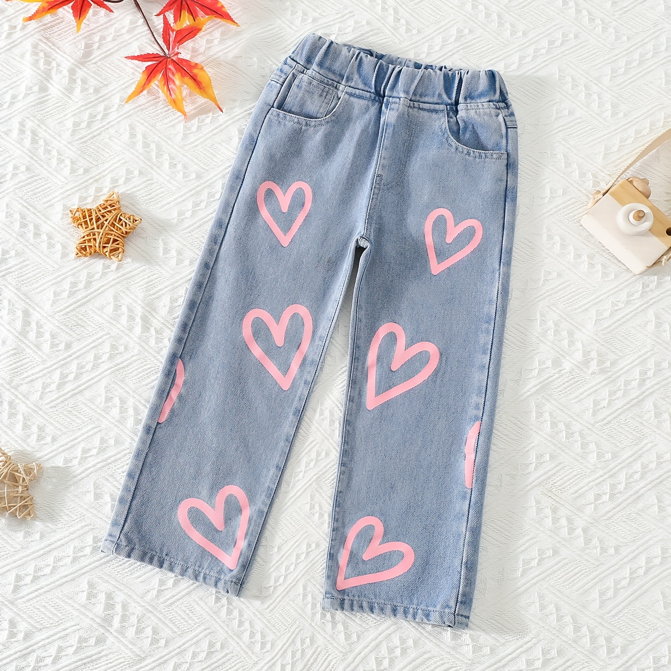 

Cute Hearts Graphic Jeans For Young Girls, Pull-on Casual Straight Denim Pants For All Seasons