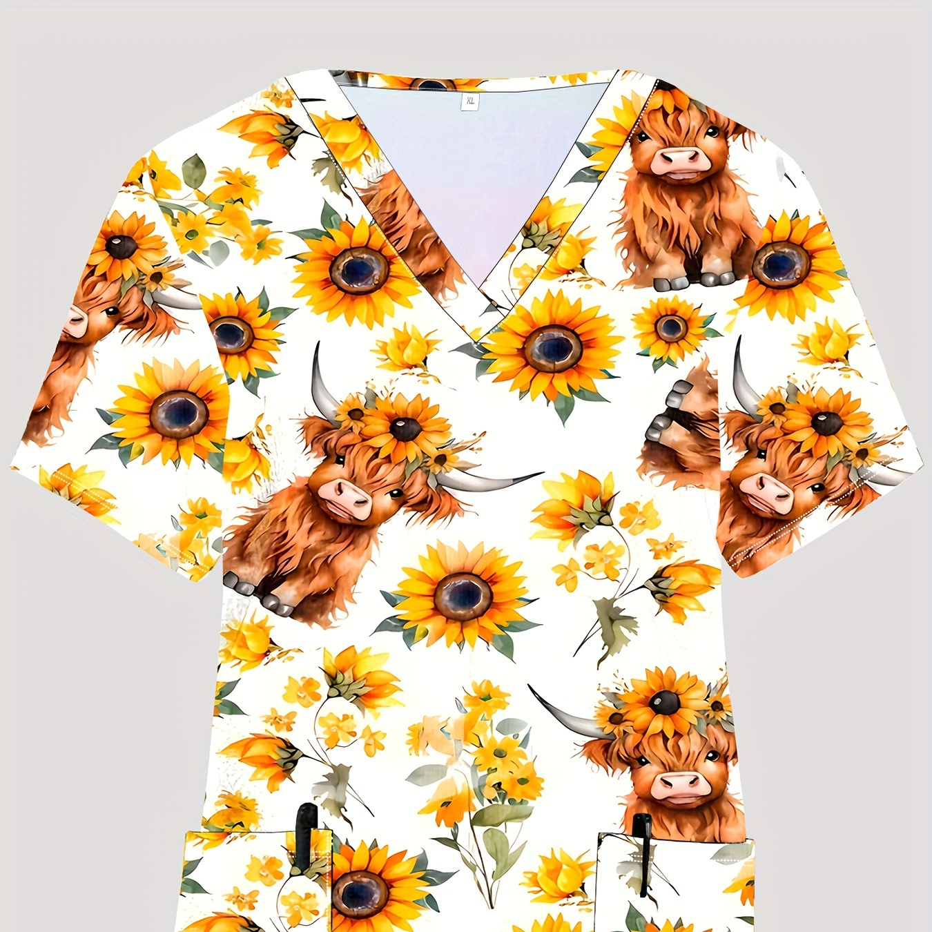 

Plus Size Sunflower & Cow Print Stretchy Dual Pockets V-neck Top, Comfortable & Functional Health Care Short Sleeve Uniform For Nurse, Women's Plus Size Clothing