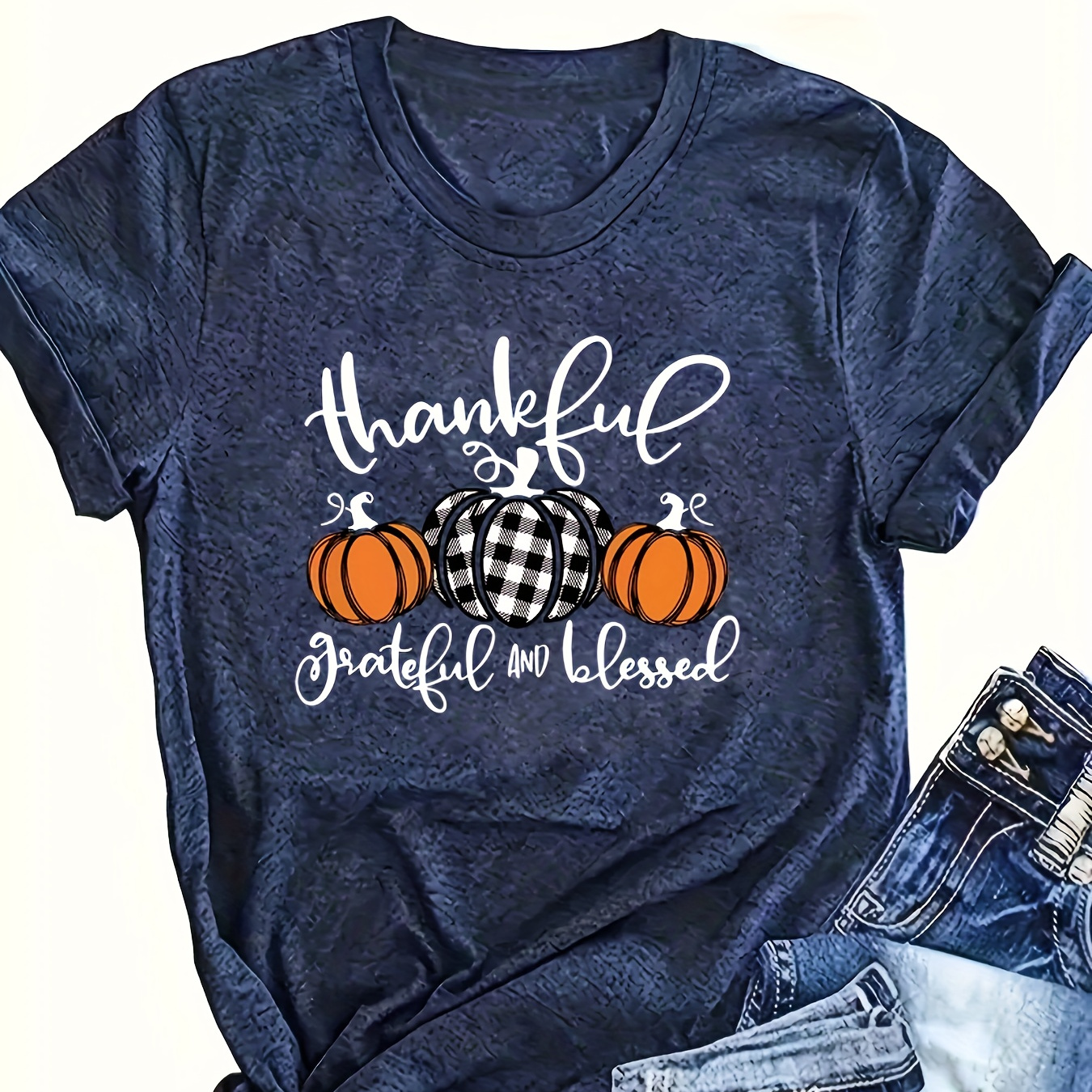 

Thanksgiving - Pumpkin Letters! Printed Round Neck T-shirt, Spring/summer Casual Short Sleeve T-shirt, Women's Wear