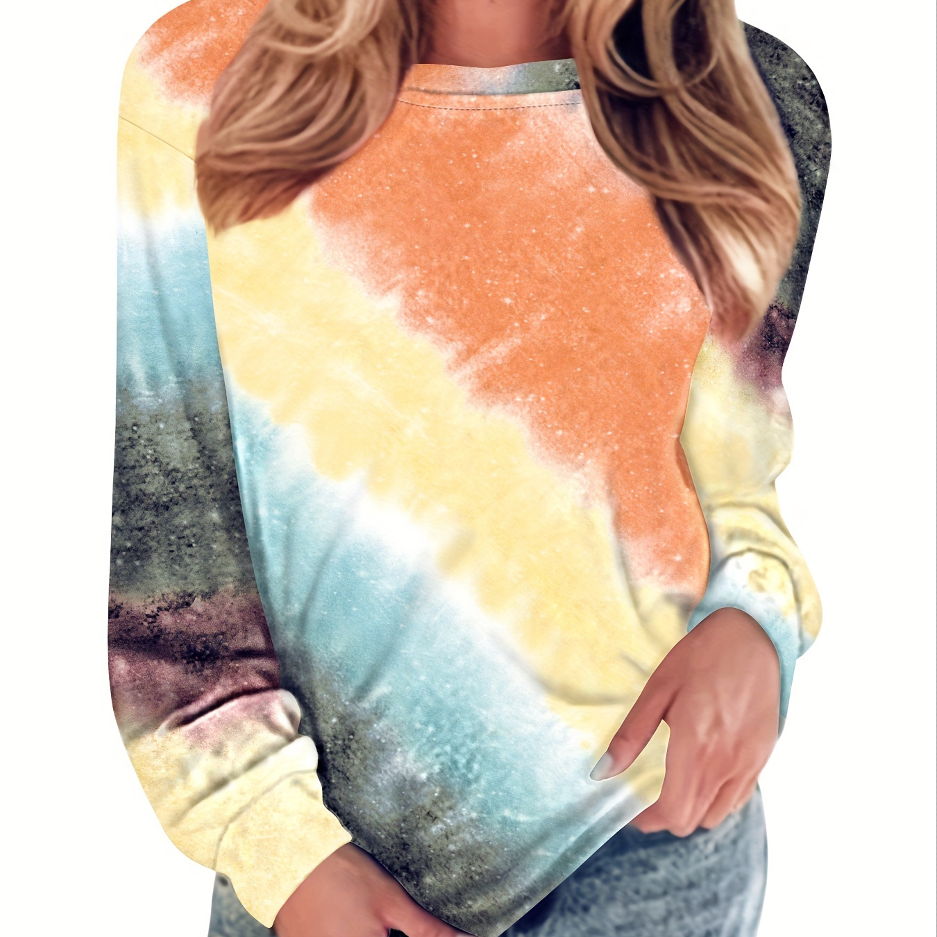 

Tie Dye Crew Neck T-shirts Ombre Round Neck Long Sleeve Casual T-shirt Women's Clothing