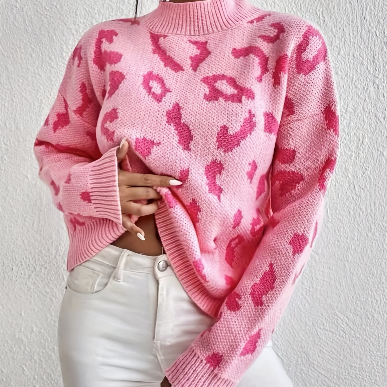 

Leopard Pattern Mock Neck Sweater, Casual Long Sleeve Sweater For Fall & Winter, Women's Clothing