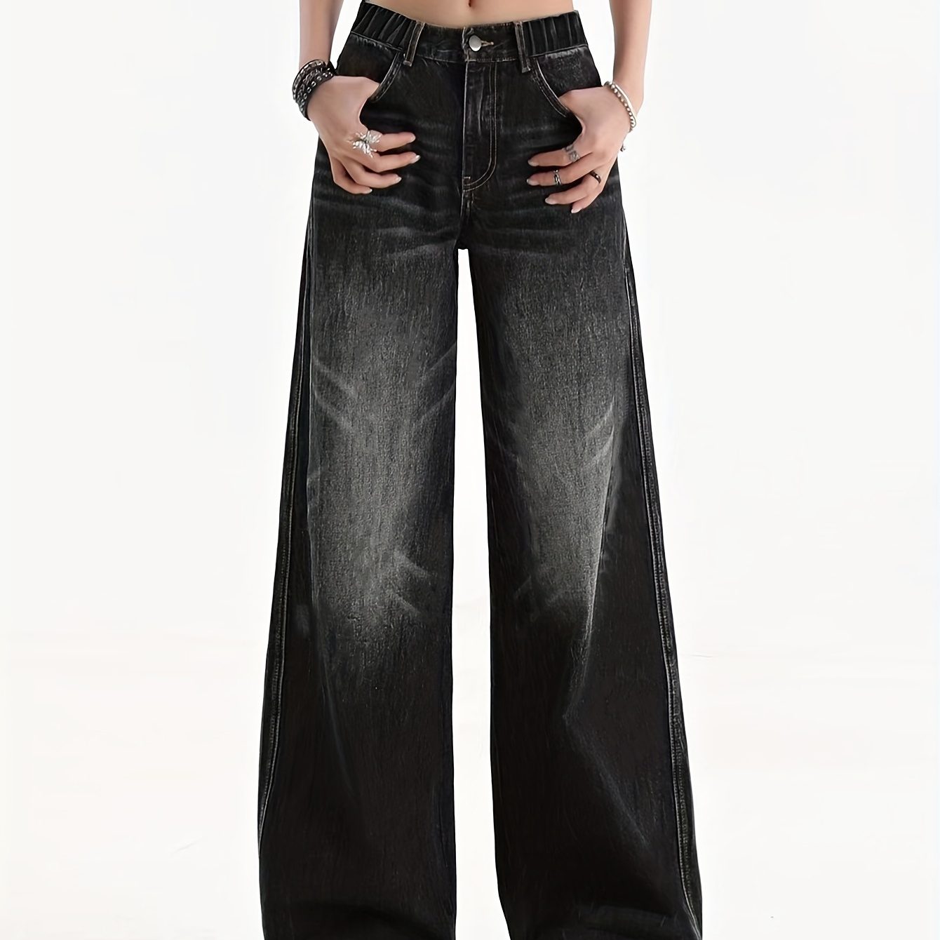 

Y2k Style Tween Girls Comfy Straight Wide Leg Pants Streetwear Black Washed Loose Denim Pants