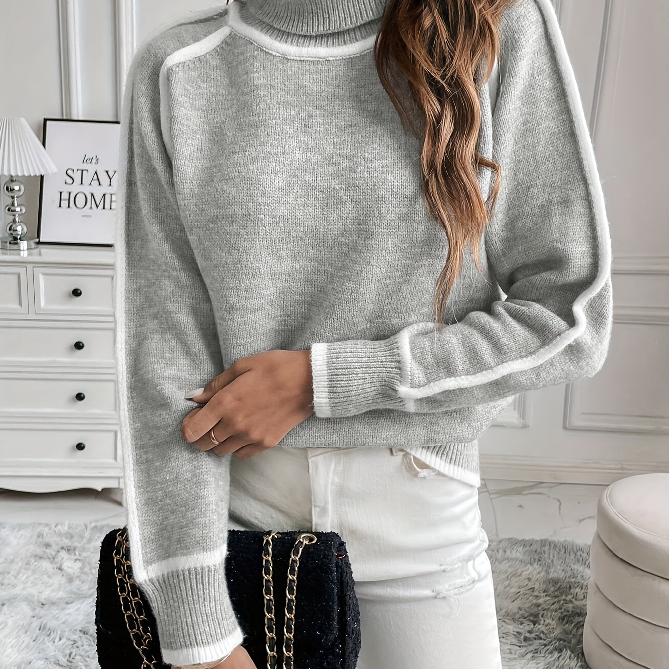 

Plus Size Contrast Stripe Pullover Sweater, Casual Long Sleeve Turtleneck Top For Fall & Winter, Women's Plus Size Clothing