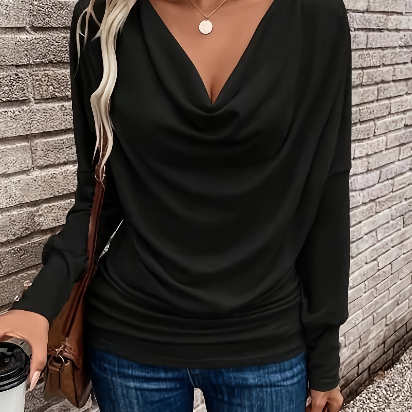 

Elegant Women' Crewneck Long Sleeve T-shirt, Polyester Knitted Top For Fall/winter