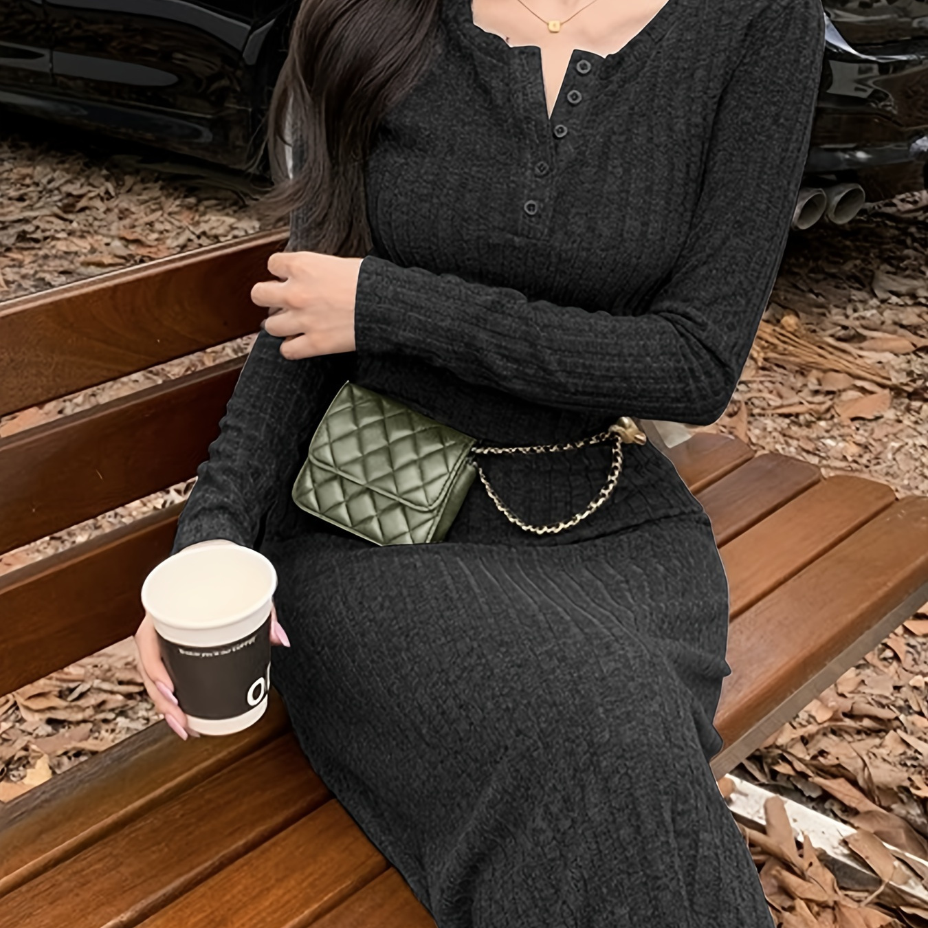 

Ribbed Button Front Solid Dress, Casual Long Sleeve Slim Ankle Length Dress For Winter & Fall, Women's Clothing