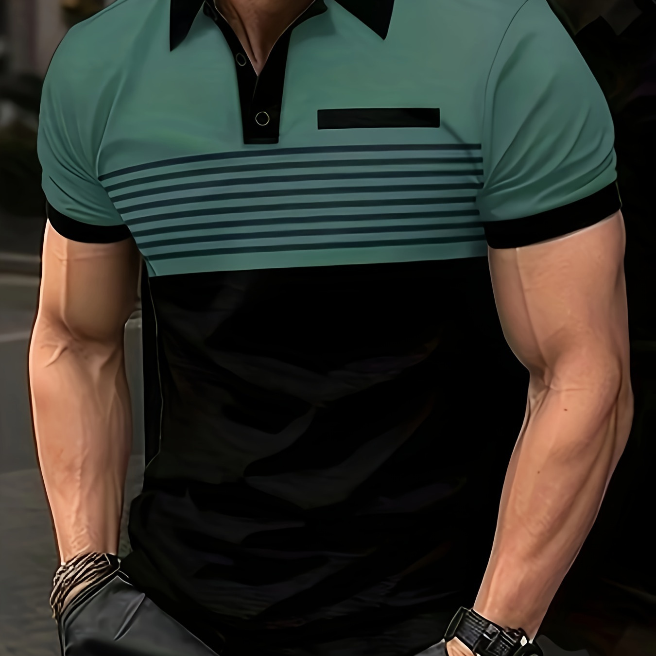 

Summer Casual Twill Men's Casual Color-blocked Short-sleeved Lapel Shirt Fashion Sports Striped Polo Shirt