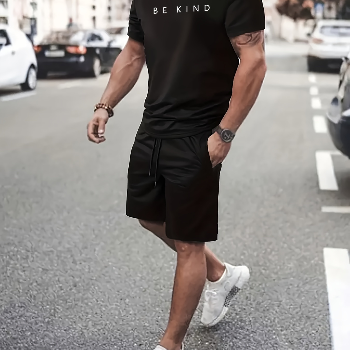 

Men's Trendy Casual Comfy Tees & Shorts, Be Kind Letter Graphic Print Crew Neck Short Sleeve T-shirt & Loose Shorts With Drawstrings Pockets Home Pajamas Sets, Casual Sets For Summer