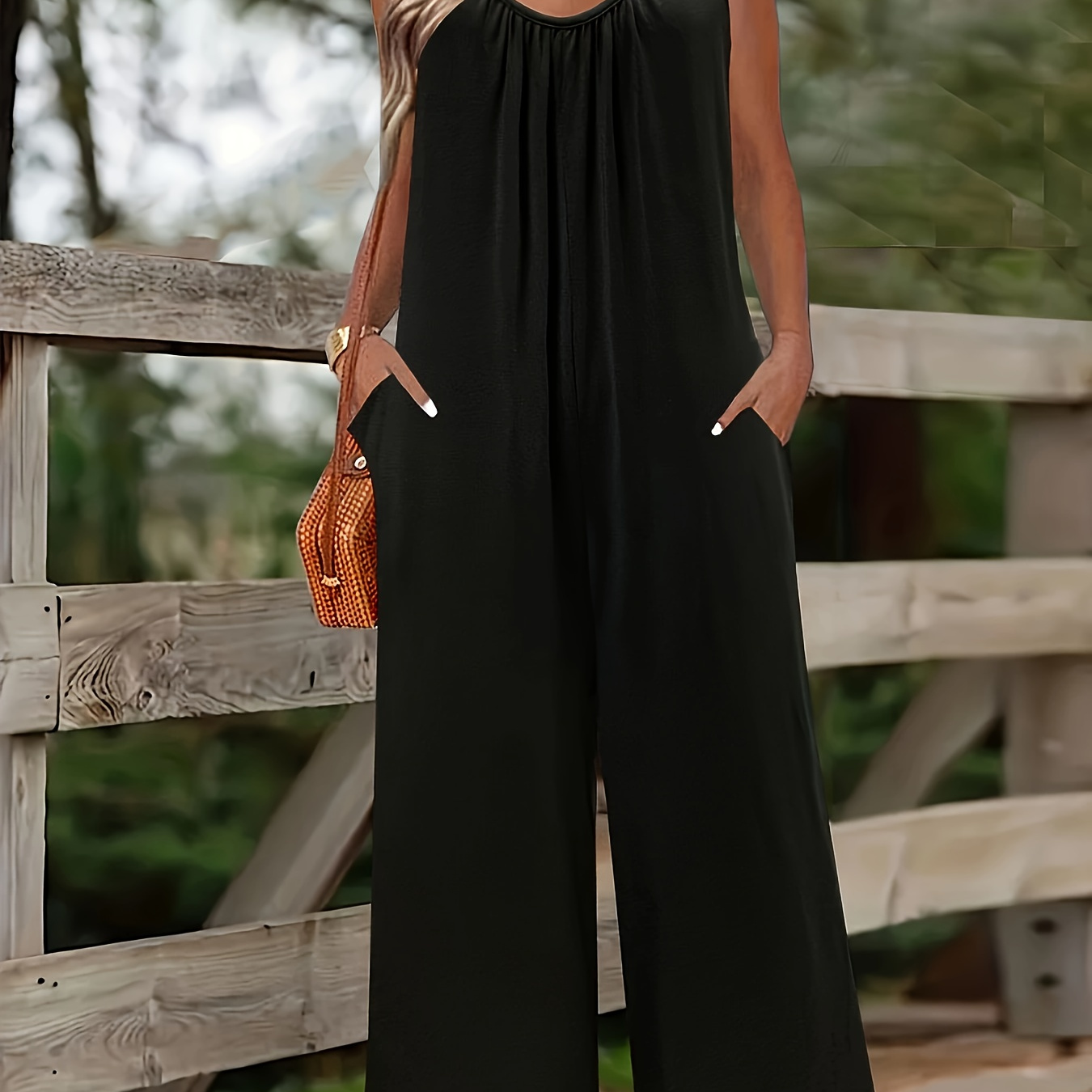 

Plus Size Simple Solid Color Cami Jumpsuit, Casual Pockets Sleeveless Spaghetti Strap Jumpsuit For Summer, Women's Plus Size clothing