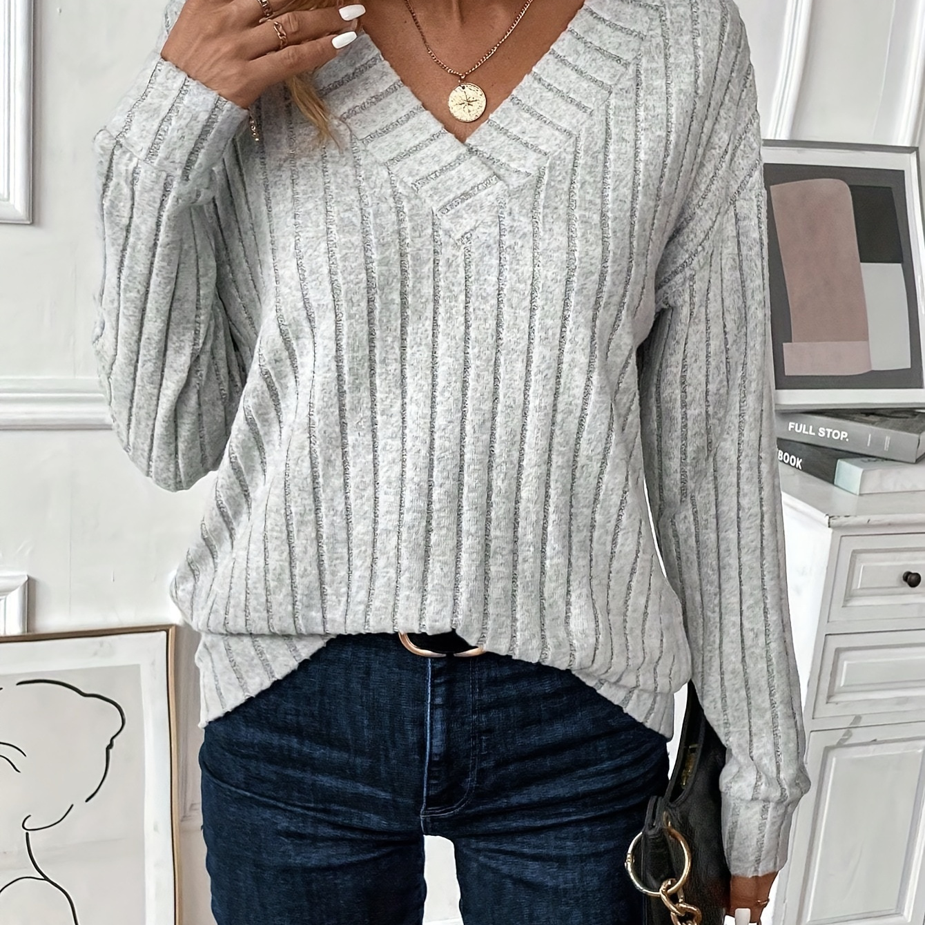 

Ribbed Drop Shoulder V Sweater, Long Sweater For Fall & , Women's Clothing