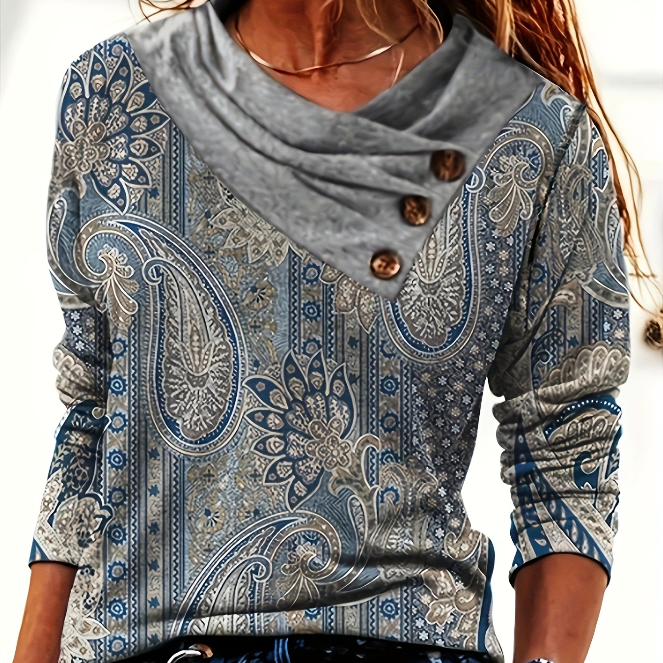 Paisley Print Button Decor Top, Casual Surplice Neck Long Sleeve Top For Spring & Fall, Women's Clothing