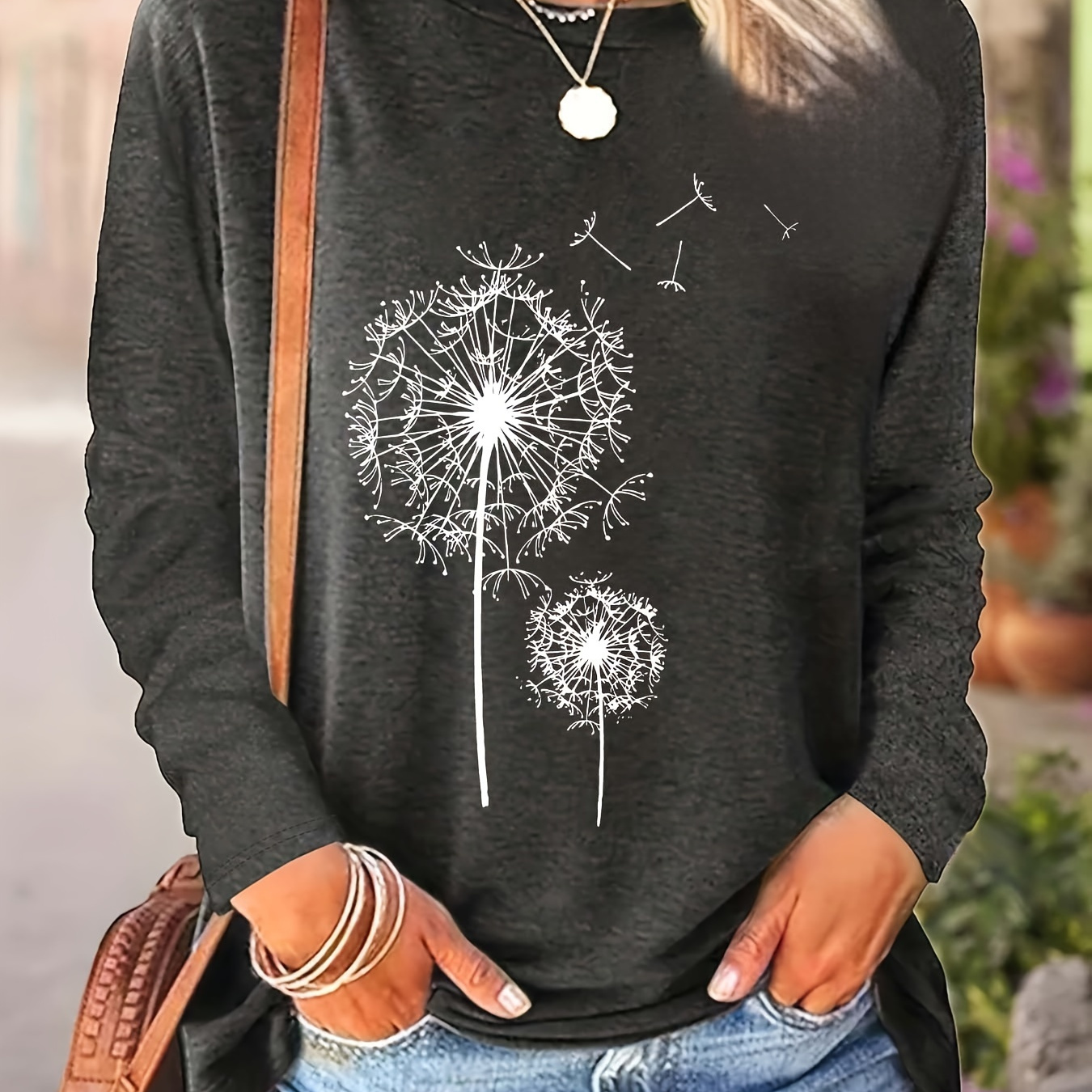 

Dandelion Neck T-shirt, Casual Long Sleeve Top For Spring & Fall, Women's Clothing