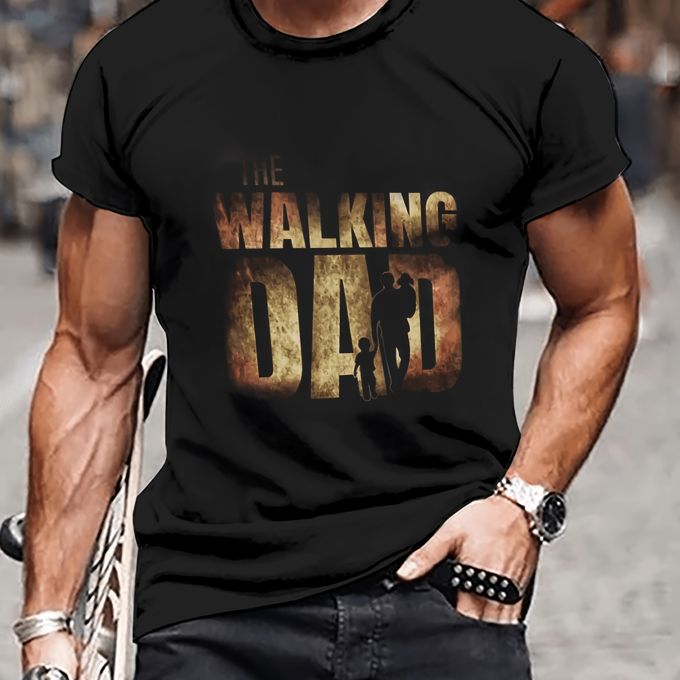 

Men's The Walking Dad Graphic Print T-shirt, Short Sleeve Crew Neck Tee, Men's Clothing For Summer Outdoor