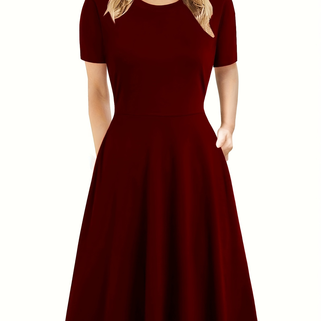 

Women's Elegant A-line Dress With Pockets - Short Sleeve, Knee-length, Solid Color, Retro For Work & Social Events, Cute Dress