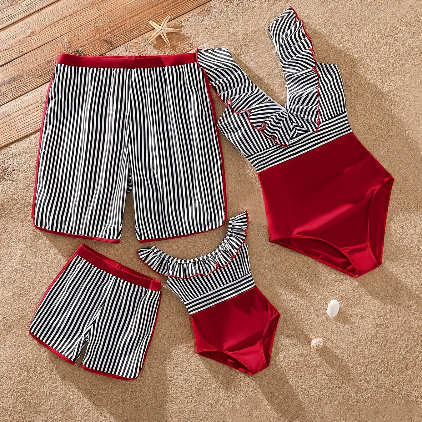 

Patpat Family Matching Striped Swim Trunks Shorts And Ruffle Splicing 1-piece Swimsuit