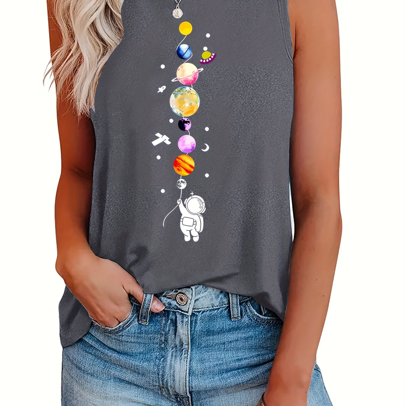 

Plus Size Planet Print Tank Top, Casual Crew Neck Sleeveless Tank Top For Summer, Women's Plus Size clothing