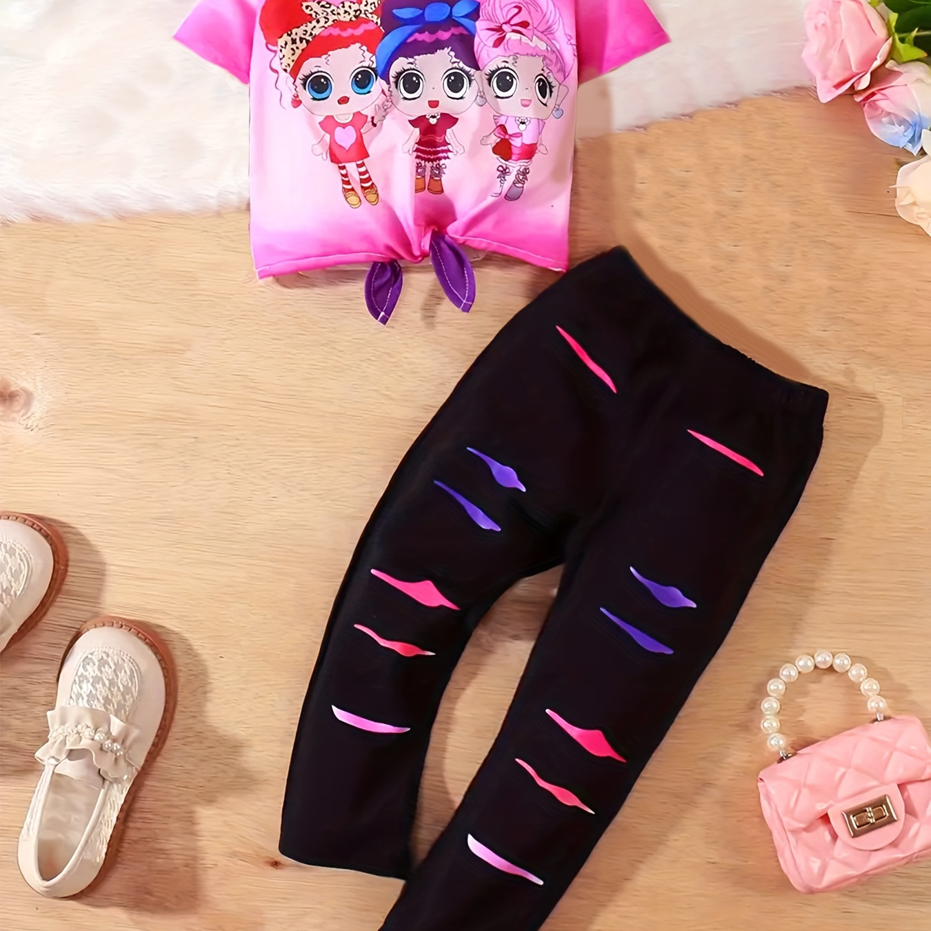 

Girls Stylish & Comfy Outfit, 2pcs/set Short Sleeve Cartoon Girls Graphic Print Tee & Rip Print Pants For Summer