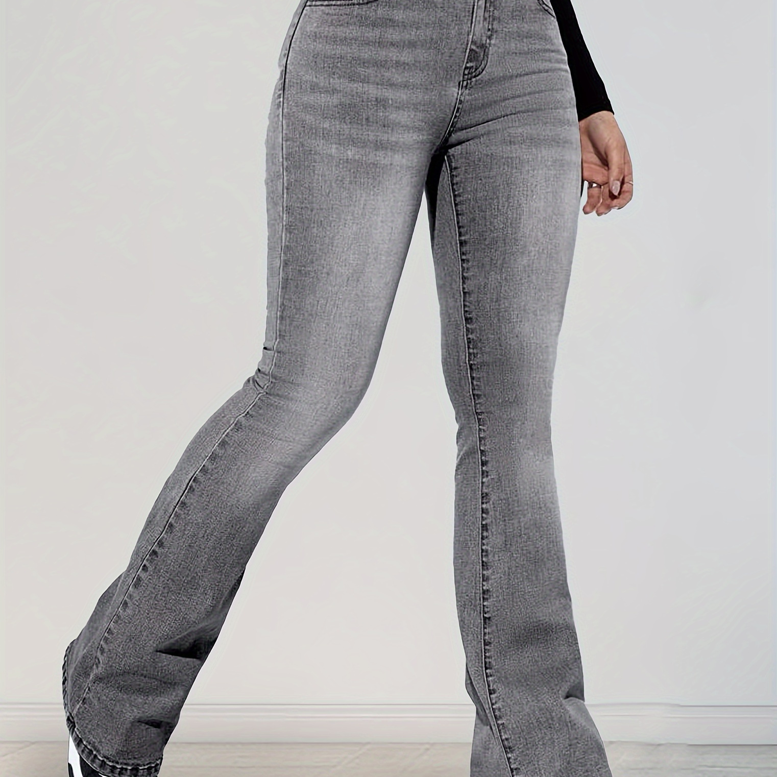 

Gray High Waist Bootcut Jeans, Slim Fitted Fashion Slant Pocket Denim Pants, Women's Denim Jeans & Clothing