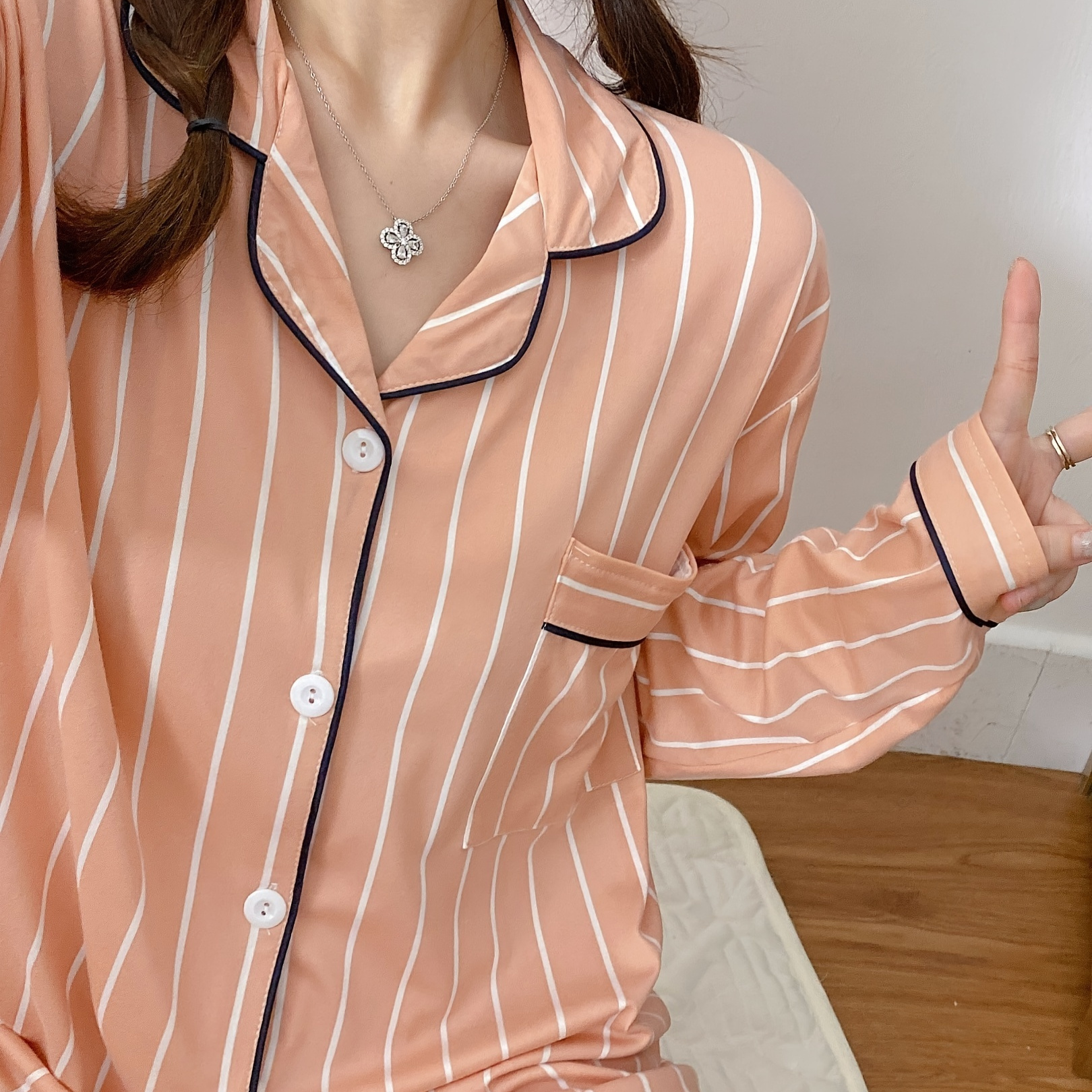 

Stripe Print Pajama Set, Casual Long Sleeve Button Up Lapel Collar Top & Elastic Pants, Women's Sleepwear