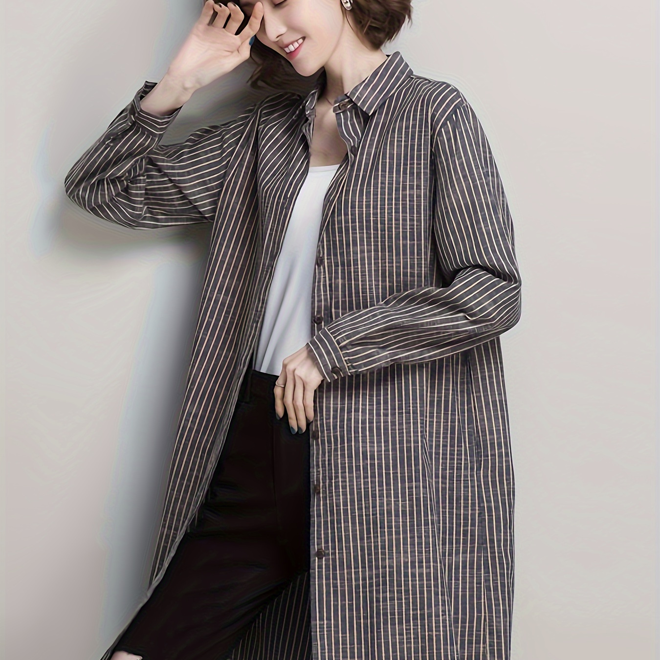 

Striped Print Button Front With Pocket Shirt, Vintage Long Sleeve Loose Shirt For Spring & Fall, Women's Clothing