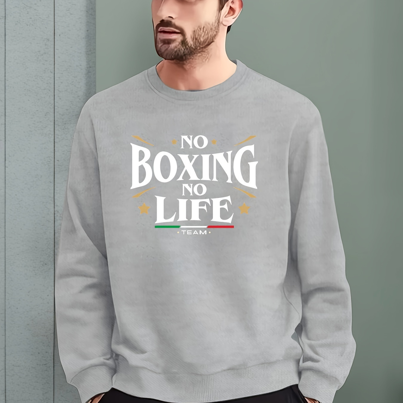 

Men's Casual Crew Neck Sweatshirt, 100% Polyester Knit Fabric, Regular Fit, With "no Boxing " Print, Graphic Design Pullover