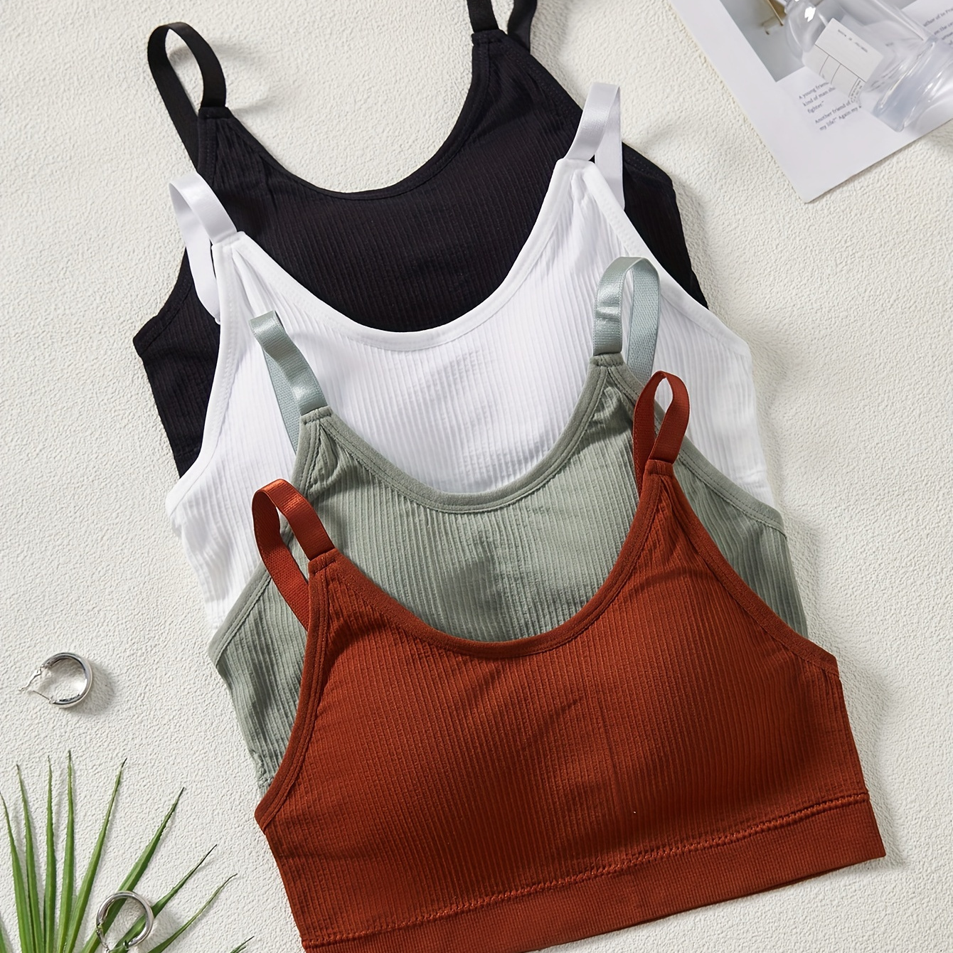 

4 Color Set Of Casual Bralettes - Youthful Style, No Steel Bands, Removable Cups, And Knit Fabric