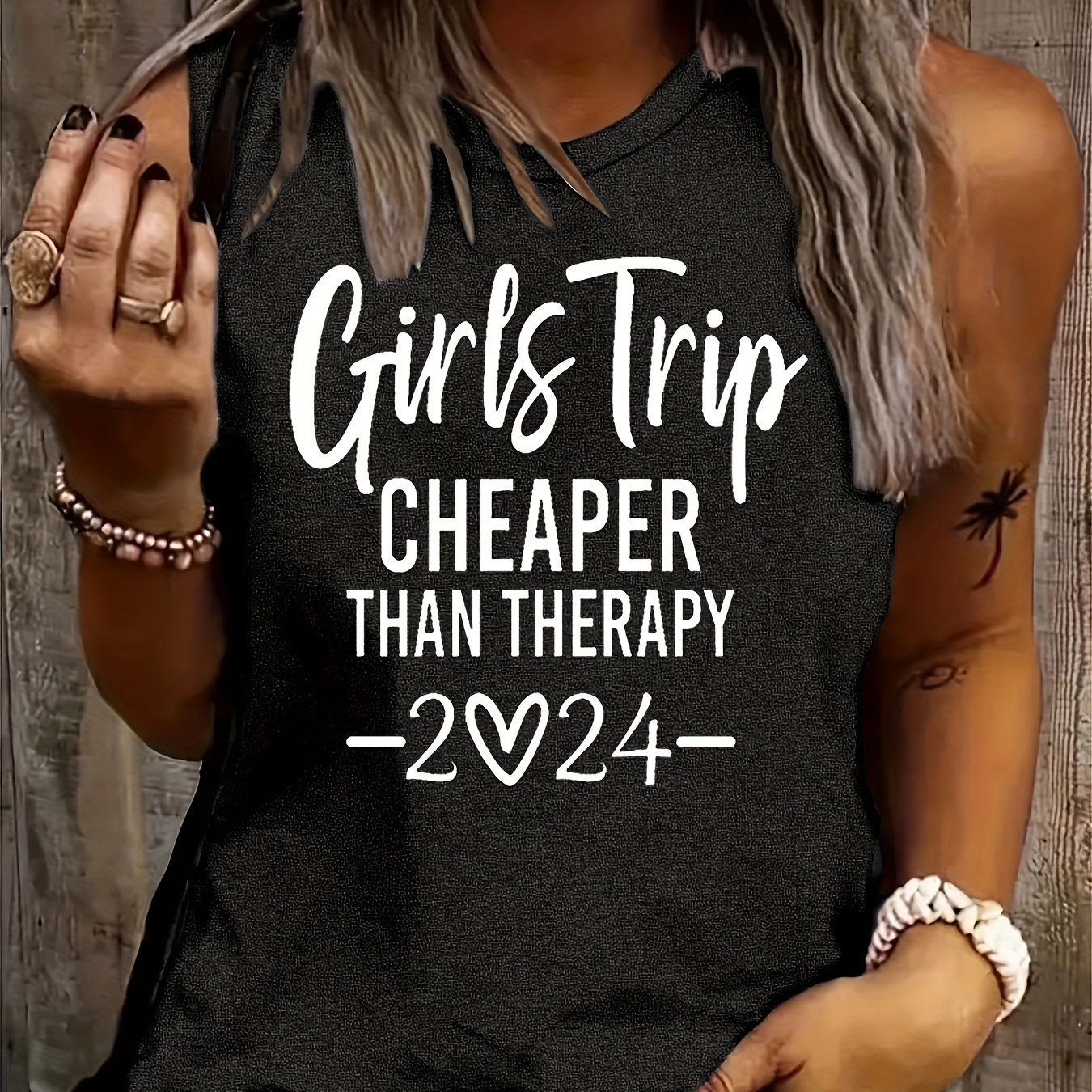 

Trip & Heart Print Tank Top, Casual Crew Neck Tank Top For Summer, Women's Clothing