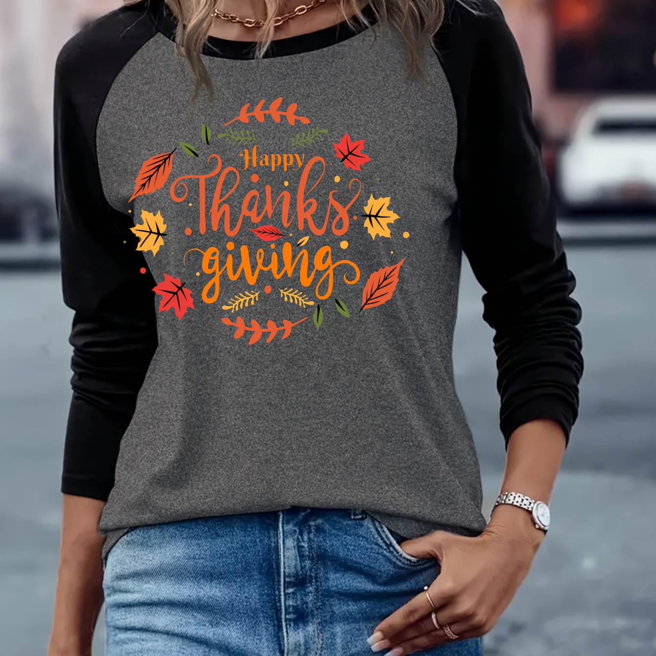 

Women's Long Sleeve Thanksgiving Graphic T-shirt With Raglan Sleeves, Casual Crew Neck, Knit Polyester Spandex Blend, Alphabet - Spring And Fall