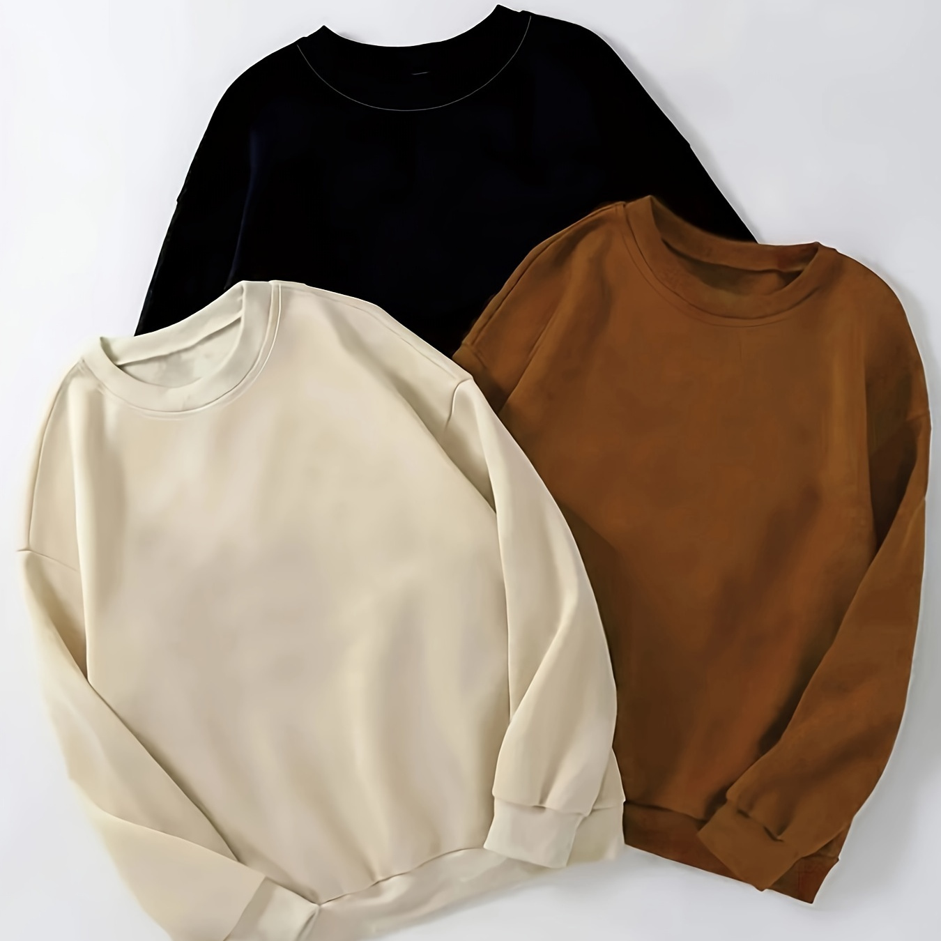 

3-Pack de Sweatshirts décontractés à col rond pour femmes, Pulls à manches longues de couleur unie, Tissu tricoté % polyester, Confort toutes