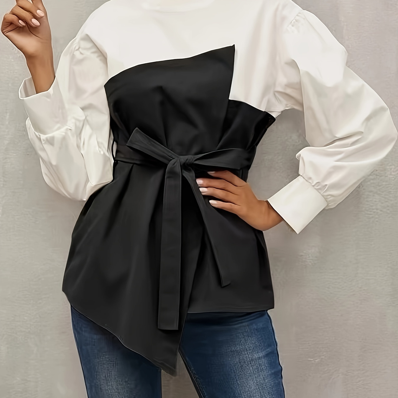 

Elegant Women's 2-in-1 Layered Blouse With Tie Waist - White & Black Polyester Shirt, Round Neck, Asymmetrical Hem, Machine Washable, Chic Top For Casual Or Dressy Outfits, Ladies Blouses