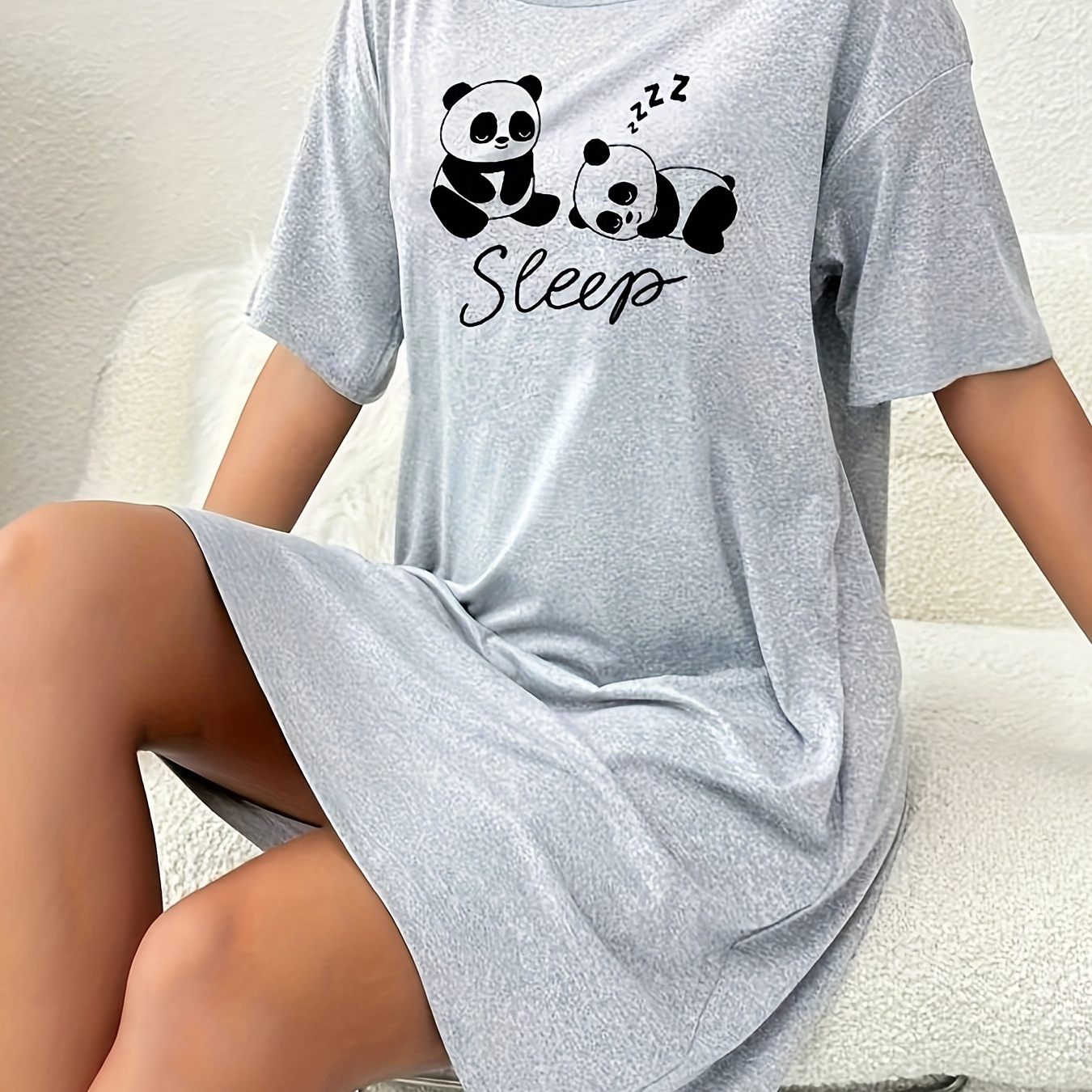 

Cute Panda & Letter Print Nightgown, Short Sleeve Round Neck Loose Fit Tee Dress, Women's Sleepwear