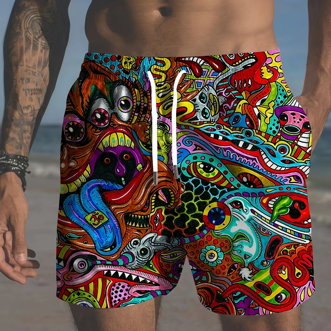 

Plus Size Men's 3d Graphic Print Beach Shorts, Hawaiian Style Shorts For Summer Holiday, Perfect For Swimming