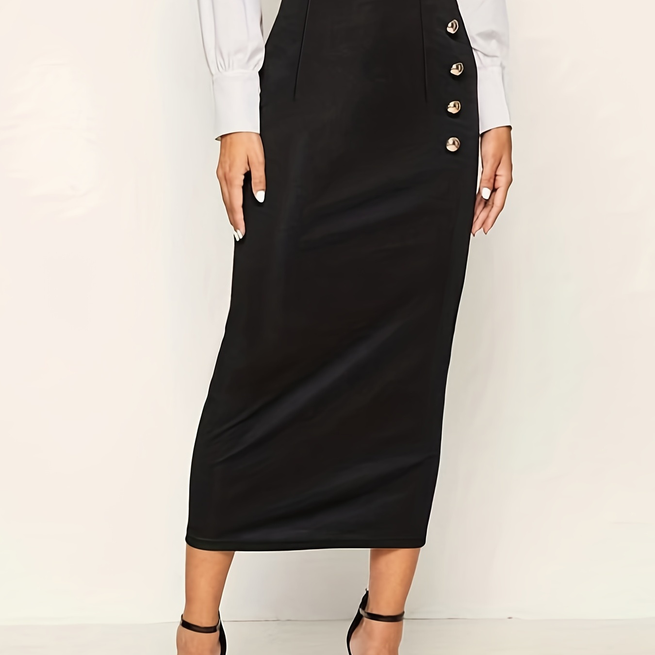 Button Front High Waist Maxi Skirts, Elegant Slim Solid Work Office Skirts, Women's Clothing