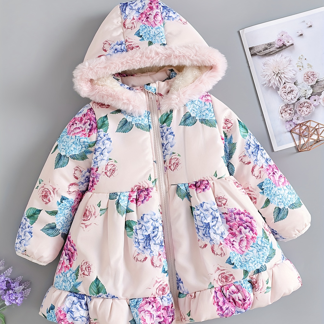 

Little Girls Sweet Floral Full Print Warm Padded Jacket With Hood Zipper Winter Dressy Coats For Outwear