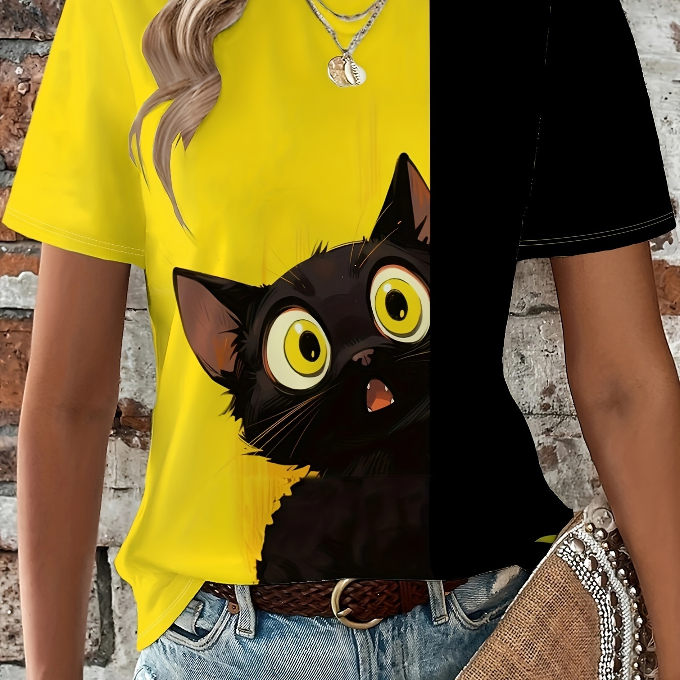 

Cat Print Crew Neck T-shirt, Casual Color Block Short Sleeve T-shirt For Spring & Summer, Women's Clothing