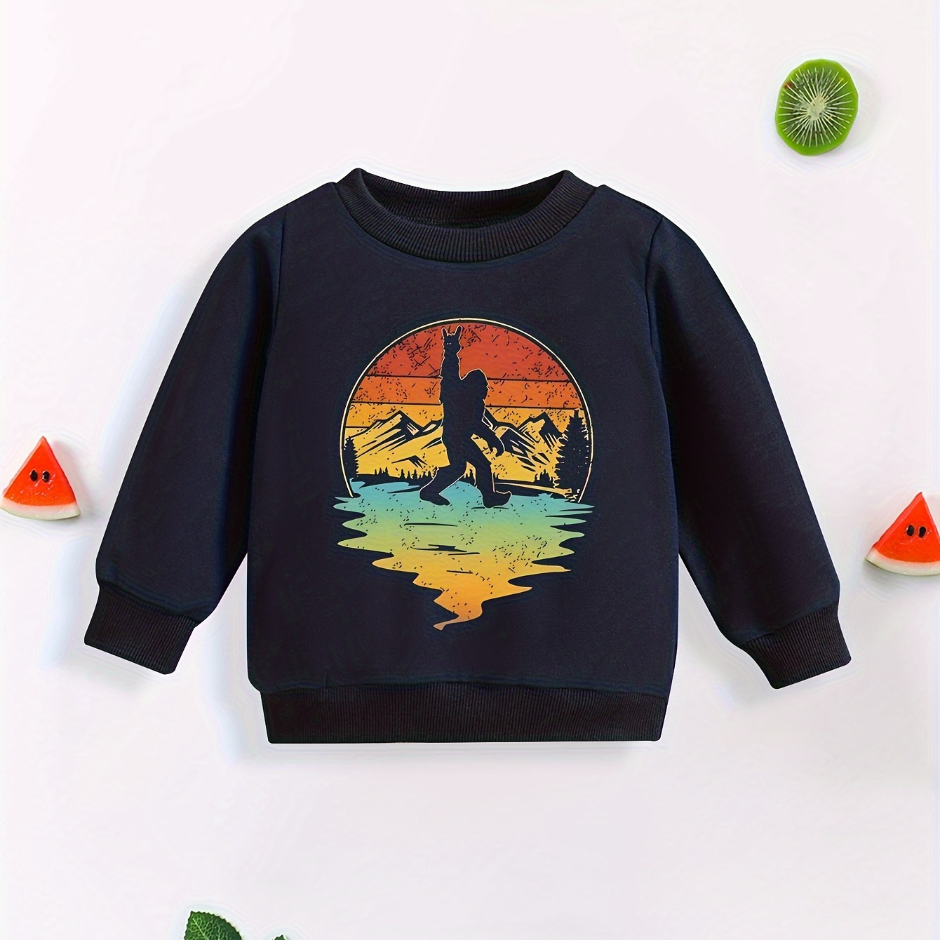 

Vintage Sunset Sasquatch With Rock On Gesture Silhouette Print, Baby Boy's Fashion Comfy Long Sleeve Round Neck Pullover Sweatshirt For Daily And Outdoor Wear