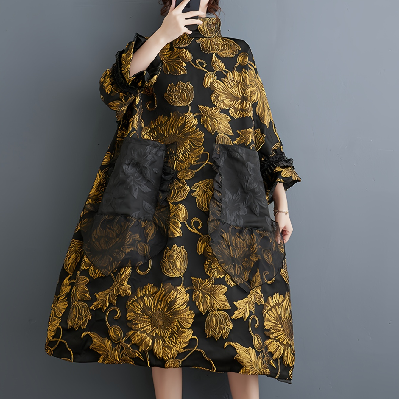 

Elegant Floral Print Dress For Women - Polyester, Long Sleeve, Knee-length, Loose Fit, A-line Skirt, Woven, Pocket Detail, Comfort