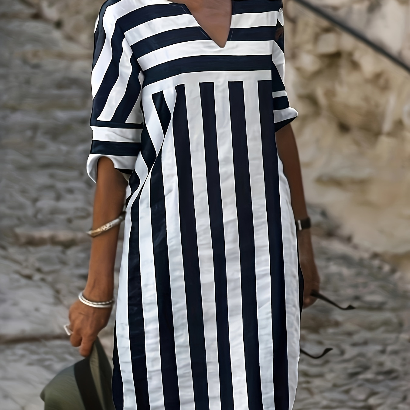 

Striped Print Simple Dress, Casual Notched Neck Half Sleeve Dress, Women's Clothing
