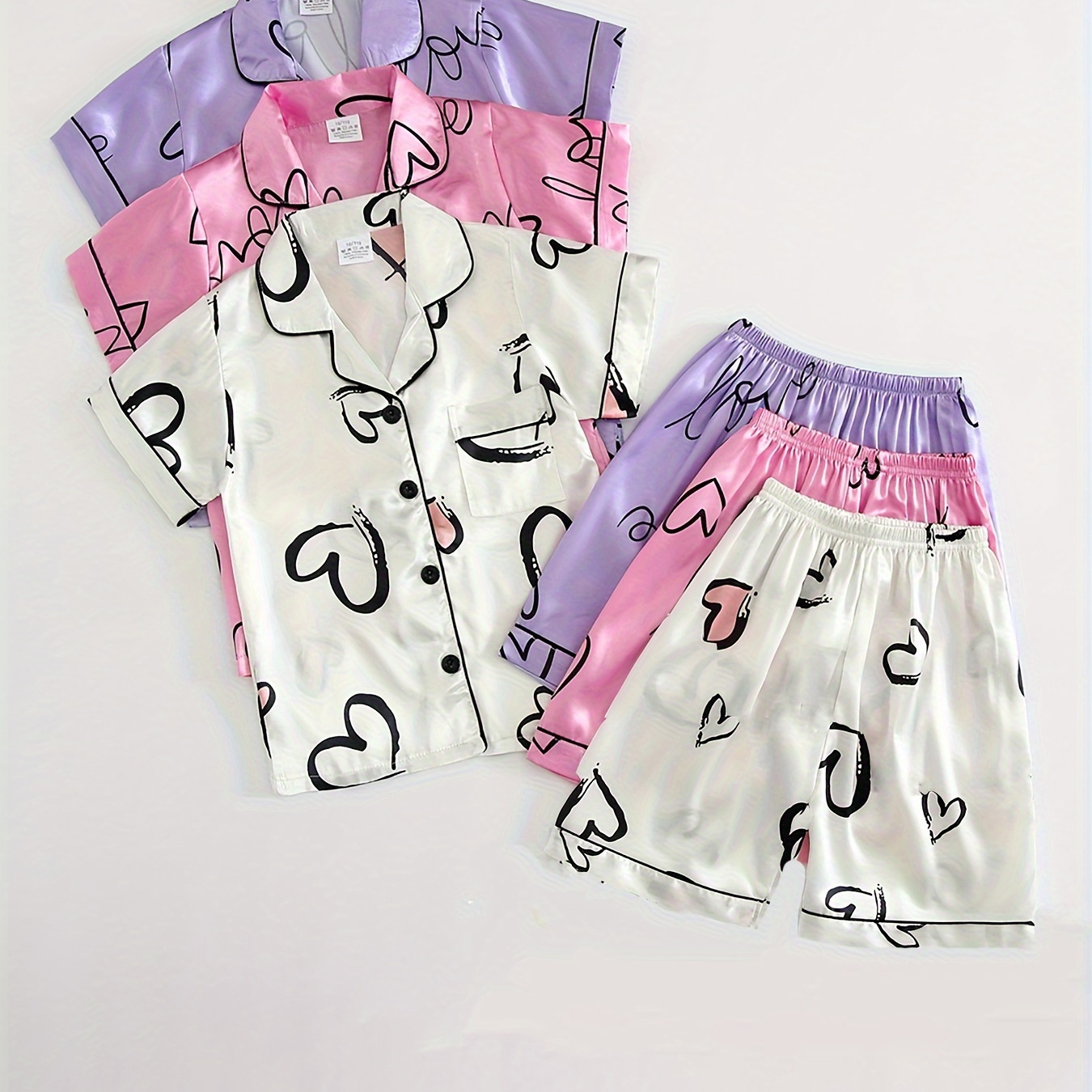 

3pcs Girls' Heart Pattern Pajamas Set, Button-down, Short Sleeve & Shorts Sleepwear For Spring/summer/autumn