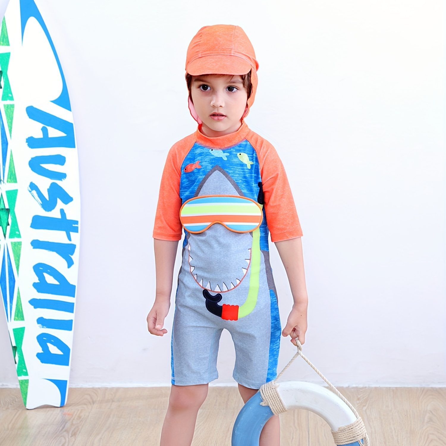 

Toddler Kid's Shark Diver Pattern One-piece Swimsuit & Hat, Stretchy Bathing Suit, Baby Boy's Swimwear For Beach Holiday