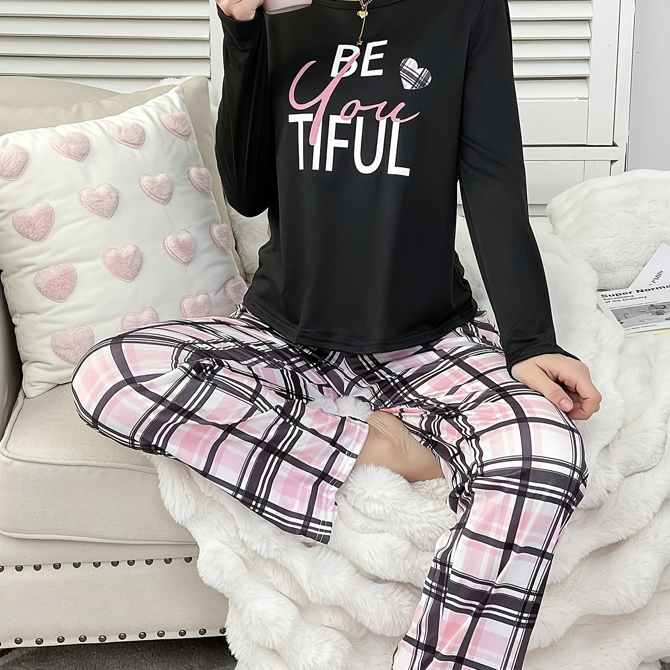 

Women's Slogan Pajama Set, Long Sleeve Round Neck Top & Pants, Comfortable Relaxed Fit For Fall