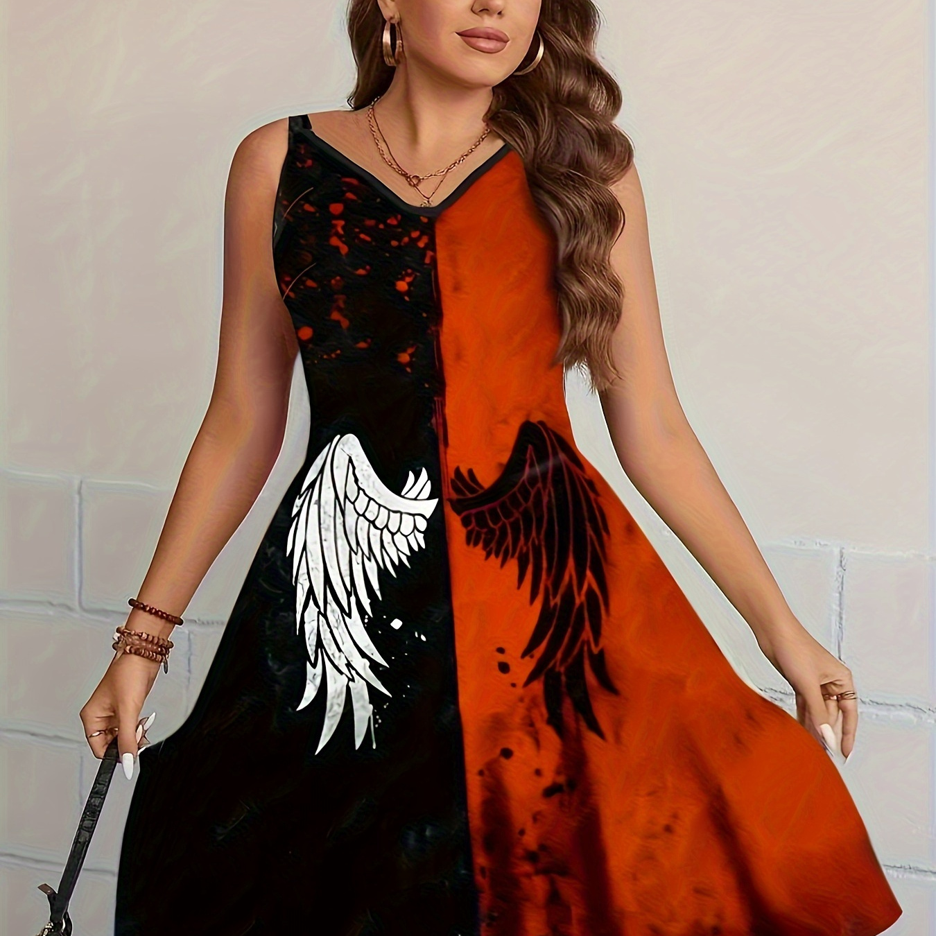 

Plus Size Halloween Goth Cami Dress, Women's Plus Colorblock Wings Print Ring Decor V Neck Slight Stretch A-line Dress