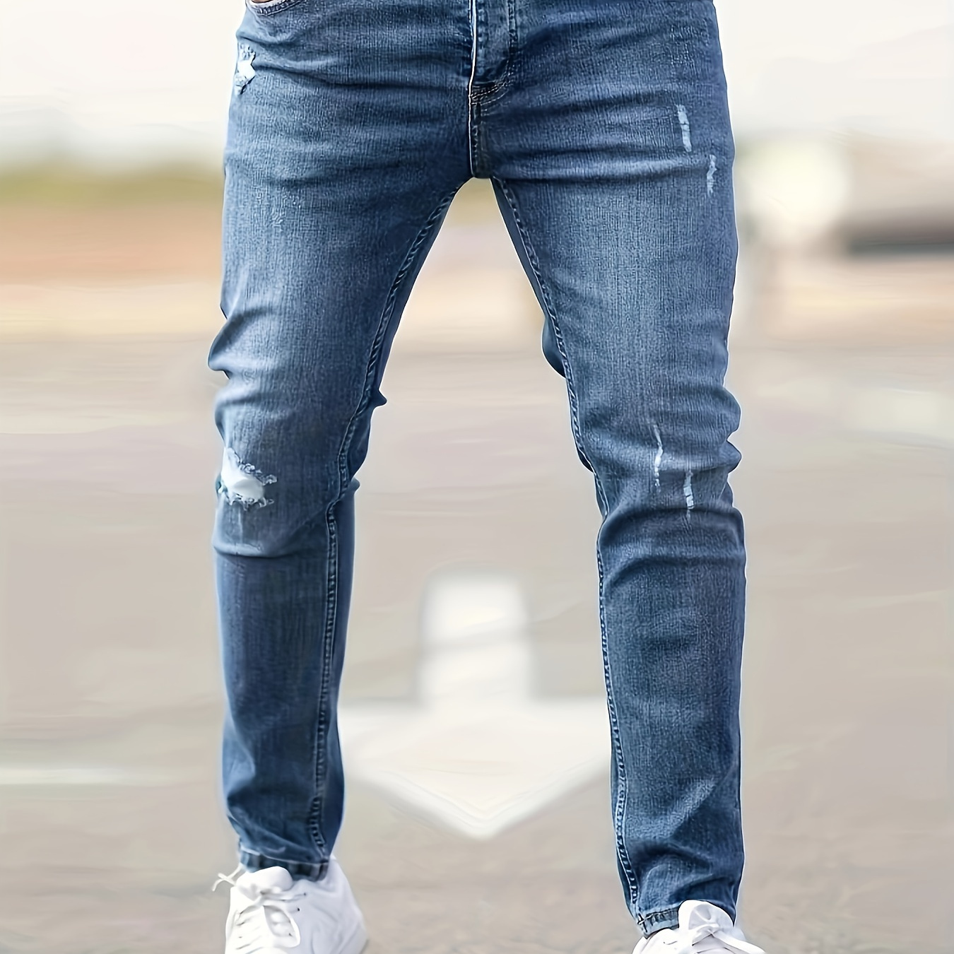 

Men's Casual Skinny Fit Denim Jeans With Ripped Detail, Men's Versatile Street Style Denim Pants For All Seasons